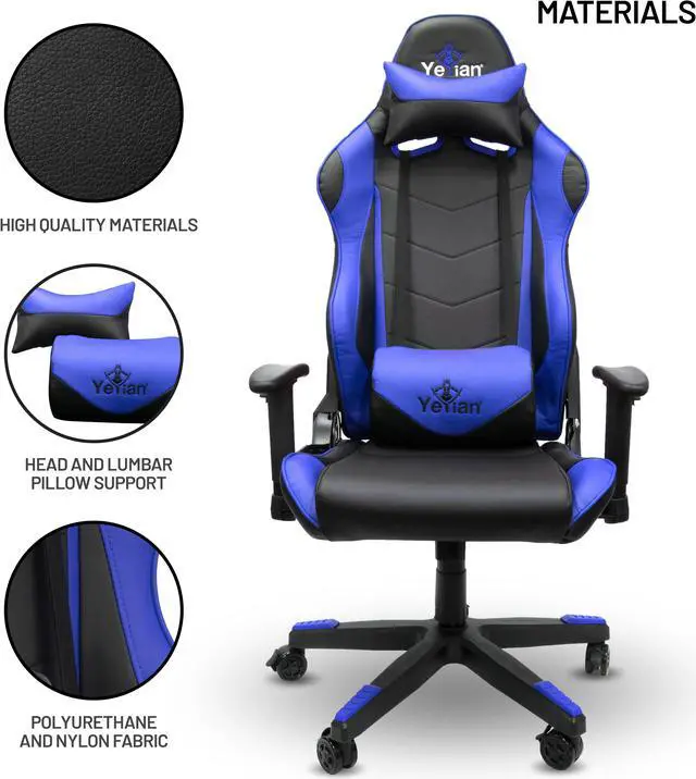 Alt view image 9 of 10 - Yeyian gaming chair cadira 1150, synthetic leather, 3d armrest, lumbar cushions, head rest, butterfly system, gas lift class 4, up to 150kg black/blue (ysgc1150a)