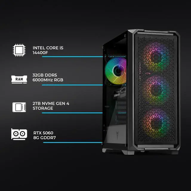 Alt view image 5 of 7 - YEYIAN Gaming PC. Core i5 14400F, RTX 5060 8GB GDDR7, 2TB NVMe, 32GB DDR5, PSU, 650W 80+ Gold. Model YPI-VA44F0C-5603U