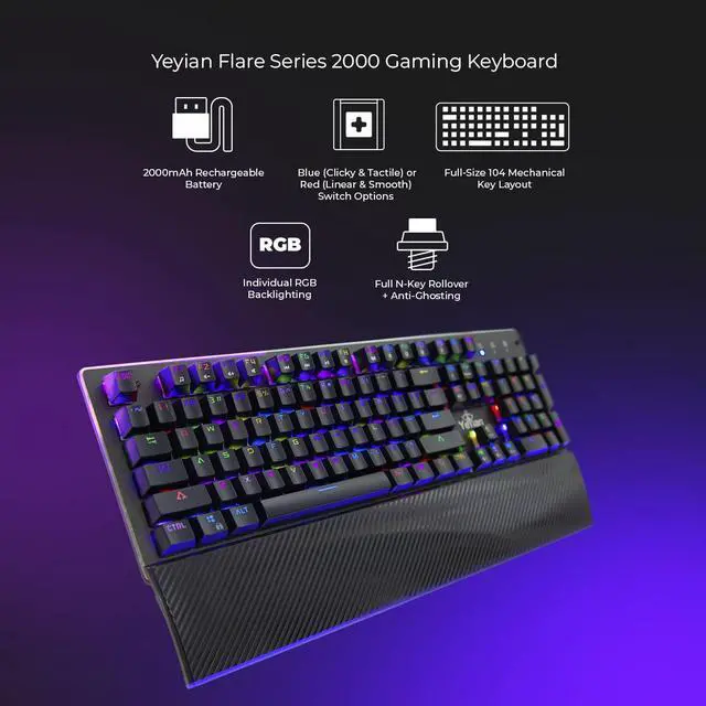 Alt view image 2 of 7 - YEYIAN FLARE Mechanical Gaming Keyboard, 104 RGB LED Backlit 16M Color Keys, OUTEMU Blue Hot-Swappable Switches, Cherry MX Equivalent, 14 Modes, 50M Keystrokes, Palm Rest, Steel Frame. SKU: YAT1801EN