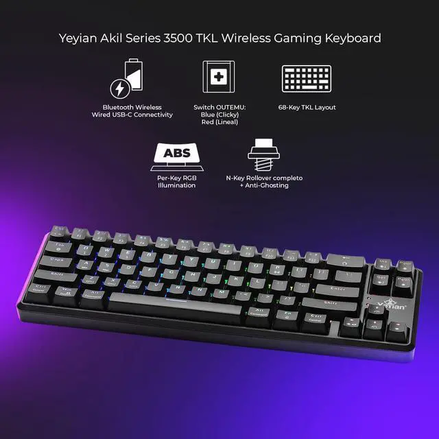 Alt view image 2 of 7 - YEYIAN AKIL Mechanical Gaming Wireless 65% TKL Keyboard, Rechargeable 68 RGB LED Backlit 16M Color Keys, OUTEMU Blue Hot-Swap Switches, Cherry MX Equivalent, 18 Modes. SKU: YTM-28210B-EN