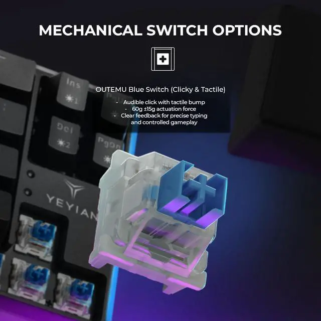 Alt view image 4 of 7 - YEYIAN AKIL Mechanical Gaming Wireless 65% TKL Keyboard, Rechargeable 68 RGB LED Backlit 16M Color Keys, OUTEMU Blue Hot-Swap Switches, Cherry MX Equivalent, 18 Modes. SKU: YTM-28210B-EN