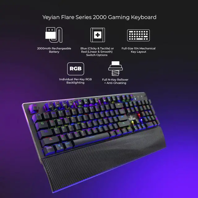 Alt view image 2 of 7 - YEYIAN FLARE Mechanical Gaming Keyboard, 104 RGB LED Backlit 16M Color Keys, OUTEMU Red Hot-Swappable Switches, Cherry MX Equivalent, 14 Modes, 50M Keystrokes, Palm Rest, Steel Frame SKU: YAT1803EN