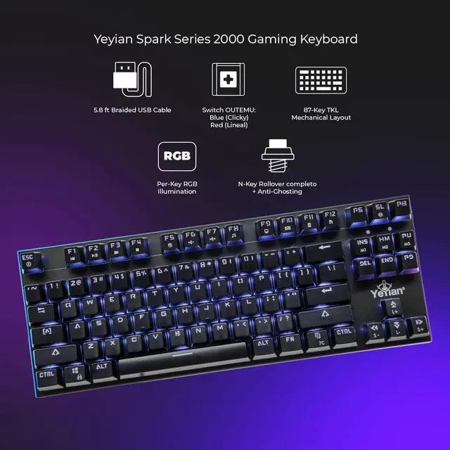 Alt view image 2 of 7 - YEYIAN SPARK Mechanical Gaming Keyboard, 87 TKL RGB LED Backlit 16M Color Keys, OUTEMU Blue Hot-Swappable Switches, Cherry MX Equivalent, 13 Modes, 50M Keystrokes, Steel Frame Braided Cable Tenkeyless