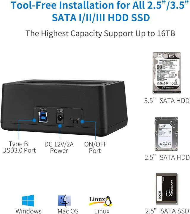 Alt view image 2 of 6 - SSK USB 3.0 to SATA External Hard Drive Docking Station Enclosure Adapter for 2.5 & 3.5 Inch HDD SSD SATA, Super Speed up to 5Gbps, Support UASP no Drivers Needed (16TB Supports)