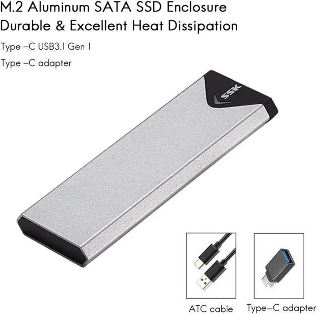Alt view image 2 of 7 - SSK Aluminum USB 3.2 Gen 1 to M.2 SATA NGFF SSD Enclosure Adapter, External SATA Based M.2 Solid State Drive Enclosure Reader (for M.2 SATA SSD only)