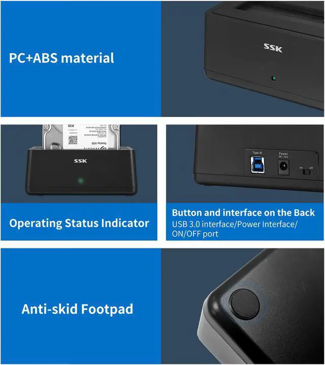 Alt view image 5 of 6 - SSK USB 3.0 to SATA External Hard Drive Docking Station Enclosure Adapter for 2.5 & 3.5 Inch HDD SSD SATA, Super Speed up to 5Gbps, Support UASP no Drivers Needed (16TB Supports)