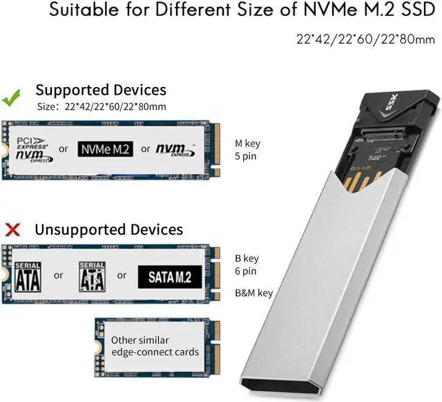Alt view image 5 of 7 - SSK Aluminum M.2 NVME SSD Enclosure Adapter, USB 3.1 Gen 2 (10 Gbps) to NVME PCI-E M-Key Solid State Drive External Enclosure (Fits only NVMe PCIe 2242/2260/2280)
