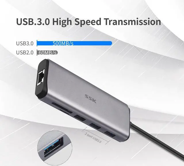 Alt view image 5 of 7 - SSK USB C Hub, 8-in-1 Type C Multiport Hub Adapter with RJ45 Ethernet, 4K HDMI, PD3.0 Powered, 2 USB 3.0, 1 USB2.0, SD/TF Cards Reader USB C Dock for MacBook/Pro/Air and More Type C Devices