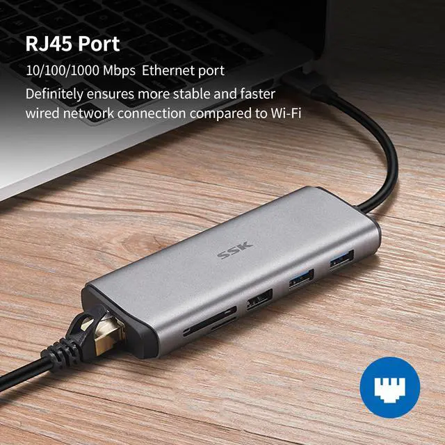 Alt view image 6 of 7 - SSK USB C Hub, 8-in-1 Type C Multiport Hub Adapter with RJ45 Ethernet, 4K HDMI, PD3.0 Powered, 2 USB 3.0, 1 USB2.0, SD/TF Cards Reader USB C Dock for MacBook/Pro/Air and More Type C Devices