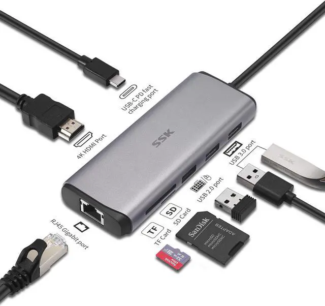 Alt view image 7 of 7 - SSK USB C Hub, 8-in-1 Type C Multiport Hub Adapter with RJ45 Ethernet, 4K HDMI, PD3.0 Powered, 2 USB 3.0, 1 USB2.0, SD/TF Cards Reader USB C Dock for MacBook/Pro/Air and More Type C Devices