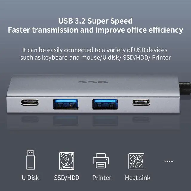 Alt view image 5 of 6 - SSK USB C 10Gbps Hub, 4-in-1 SuperSpeed USB 10Gbps Type C Multiport Adapter with 2 USB C 2 USB A 3.1/3.2 Gen2 10Gbps Ports,USB C Dock for iMac/MacBook/Pro/Air/Surface Pro and More Type C Devices