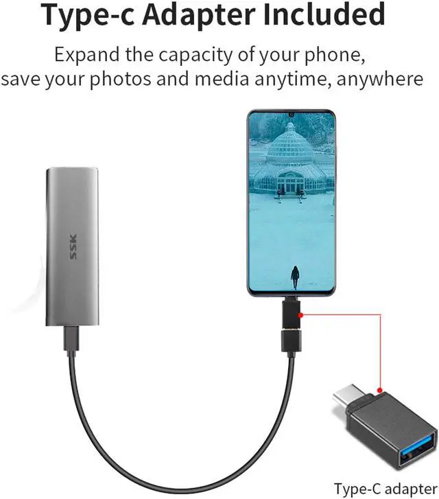 Alt view image 2 of 7 - SSK 1TB Portable External SSD,USB3.2 Gen2(6Gbps) Ultra Speed External Solid State Drive USB-C Mini External SSD with 550MB/s Data Transfer for Laptop, Typc C Phones and More