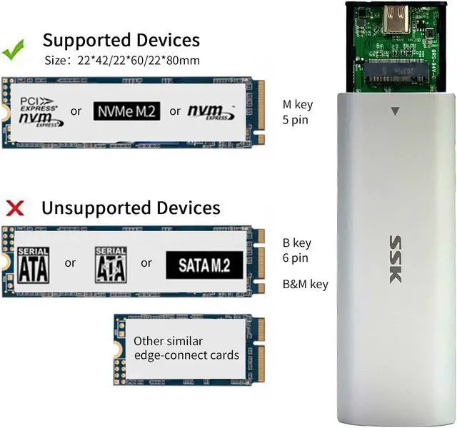 Alt view image 4 of 7 - SSK Aluminum Tool-free M.2 NVME SSD Enclosure Adapter,USB C 3.1/3.2 Gen 2 10Gbps to NVME PCIe M-Key Thunderbolt 3 Solid State Drive External Enclosure Support UASP TRIM for SSD Size 2242/2260/2280