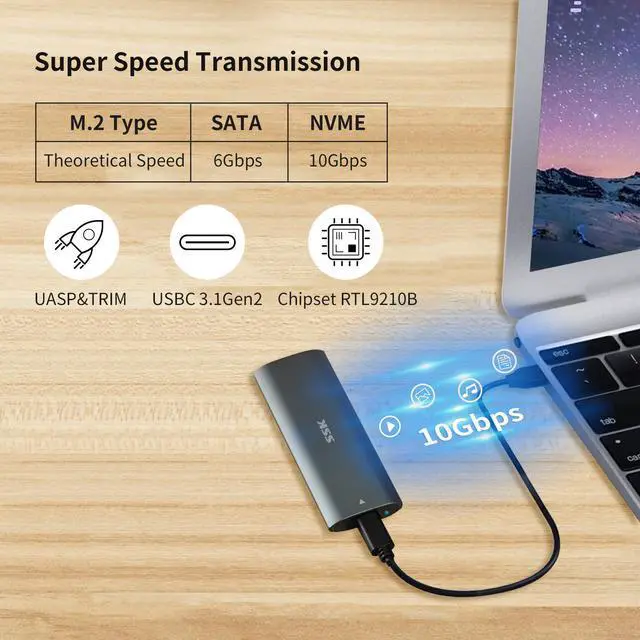 Alt view image 2 of 7 - SSK M.2 NVME SATA SSD Enclosure Adapter,RTL9210B Chips Tool-Free SSD Reader USB C 3.1/3.2 Gen 2 10Gbps PCIe,6Gbps SATA MKey/(B+M) Key,External SSD Enclosure Support UASP Trim for 2242/2260/2280-black
