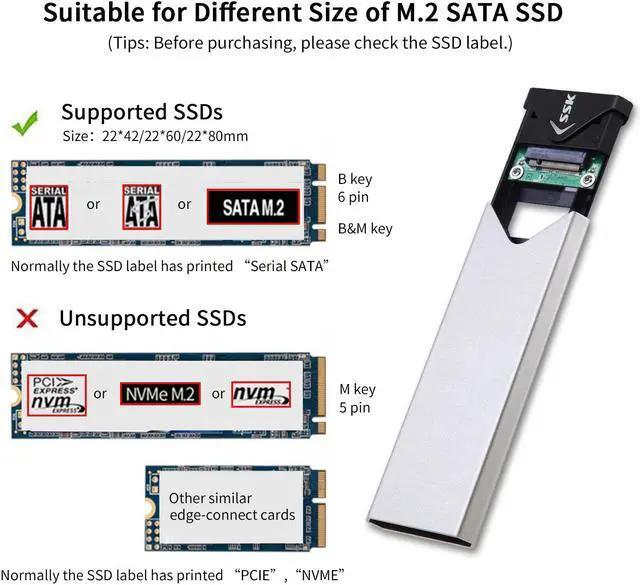 Alt view image 3 of 7 - SSK Aluminum USB 3.2 Gen 1 to M.2 SATA NGFF SSD Enclosure Adapter, External SATA Based M.2 Solid State Drive Enclosure Reader (for M.2 SATA SSD only)