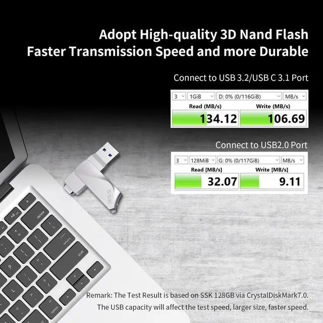 Alt view image 2 of 7 - SSK 128GB USB C Flash Drive Dual Drive 2 in 1 OTG USB 3.2 + Type C Memory Stick Thumb Drive, Thunderbolt Flash Drive up to 150MB/s Transfer Speed Photo Stick for Android PC/Tablets/Mac/Laptop
