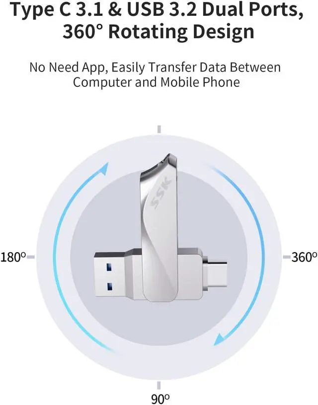 Alt view image 3 of 7 - SSK 128GB USB C Flash Drive Dual Drive 2 in 1 OTG USB 3.2 + Type C Memory Stick Thumb Drive, Thunderbolt Flash Drive up to 150MB/s Transfer Speed Photo Stick for Android PC/Tablets/Mac/Laptop