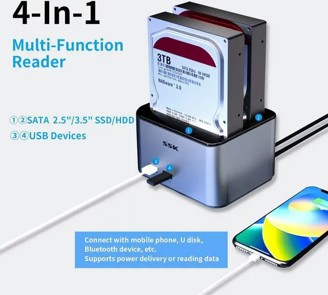 Alt view image 3 of 6 - Hard Drive Dock SSK USB 3.0 to SATA I/II/III Dual Bay Aluminum External Hard Drive Docking Station for 2.5 3.5 inch SATA HDD SSD Support UASP, 2x16TB + 2 USB3.0 Ports (Not Support Offline Clone)