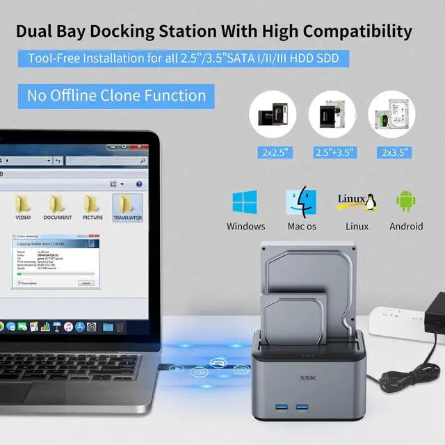 Alt view image 4 of 6 - Hard Drive Dock SSK USB 3.0 to SATA I/II/III Dual Bay Aluminum External Hard Drive Docking Station for 2.5 3.5 inch SATA HDD SSD Support UASP, 2x16TB + 2 USB3.0 Ports (Not Support Offline Clone)
