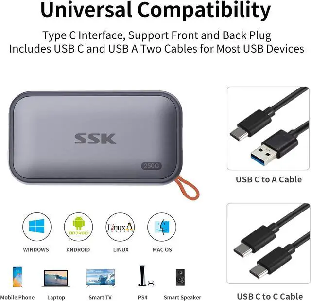 Alt view image 4 of 7 - SSK 250GB Portable External NVME SSD,up to 1050MB/s Extreme Transmission Speed USBC 3.2 Gen2 Solid State Drive for Type-c Smartphone,PS5,xBOX, Laptop,Macbook/Pro/Air and more