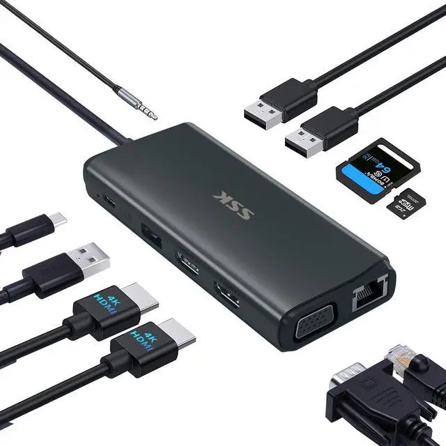 Main image of SSK USB C Laptop Docking Station Dual Monitor, 11 in 1 Type C Triple Display Multiport Adapter with Dual HDMI(4K 60Hz+4K 30Hz), VGA, PD3.0, Ethernet, SD/TF, 3 USB Ports, Mic/Audio for MacBook Pro/Air