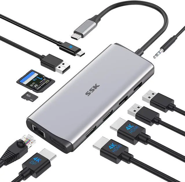 Alt view image 7 of 7 - SSK USB C Docking Station Dual Monitor, 11 in 1 Triple Display Docking Station Multiport Adapter of 2 HDMI, Displayport, Ethernet, PD3.0, SD TF Card Reader, 3USBs for MacBook/Dell/HP/Lenovo Laptops