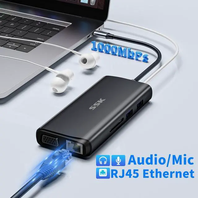 Alt view image 7 of 7 - SSK USB C Laptop Docking Station Dual Monitor, 11 in 1 Type C Triple Display Multiport Adapter with Dual HDMI(4K 60Hz+4K 30Hz), VGA, PD3.0, Ethernet, SD/TF, 3 USB Ports, Mic/Audio for MacBook Pro/Air