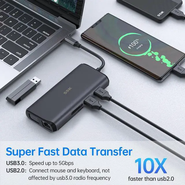 Alt view image 6 of 7 - SSK USB C Laptop Docking Station Dual Monitor, 11 in 1 Type C Triple Display Multiport Adapter with Dual HDMI(4K 60Hz+4K 30Hz), VGA, PD3.0, Ethernet, SD/TF, 3 USB Ports, Mic/Audio for MacBook Pro/Air