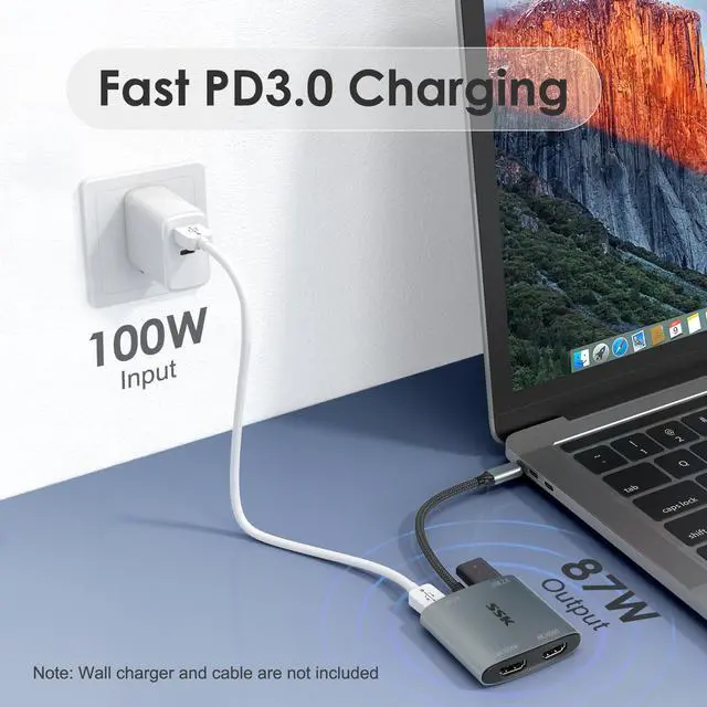 Alt view image 6 of 7 - SSK USB C to Dual HDMI Adapter 4K/60Hz,4 in 1 Laptop HDMI Splitter for Multi Monitors Hub with 2 HDMI 4K,100W PD,USB 2.0 Port for MacBook Pro,Air,Lenovo,Dell,HP