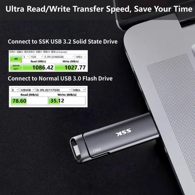 Alt view image 3 of 7 - SSK 2TB SSD USB C Stick up to 1000MB/s,Fast External SSD Dual Drive Type-C + USB A 3.2 Gen 2 Solid State Thumb Drive,USB Memory Stick for iPhone 15/PS4/Android Phone/Tablet/Windows/Mac