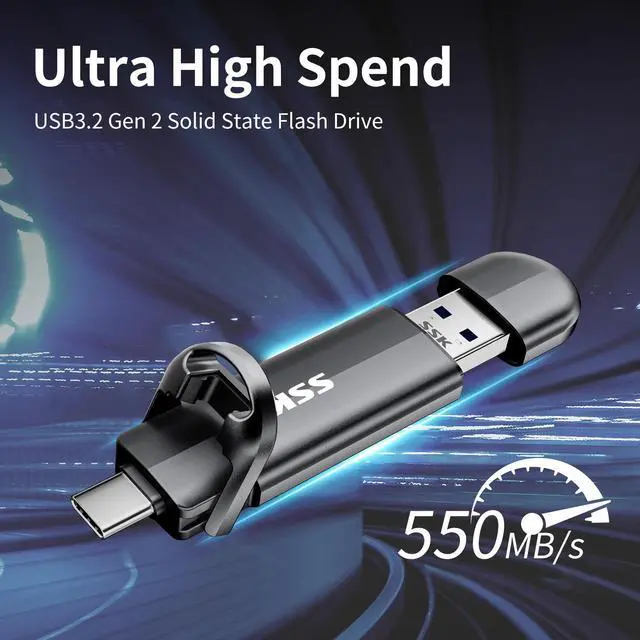 Alt view image 2 of 7 - SSK USB C Drive 1TB,Dual Flash Drive Speed up tp 550MB/s 2-in-1 Memory Stick Type C+USB A 3.2 Gen2 Portable External Solid State SSD Thumb Drive for iPhone 15/16/PS4/Android Phone/Tablet/Windows/Mac