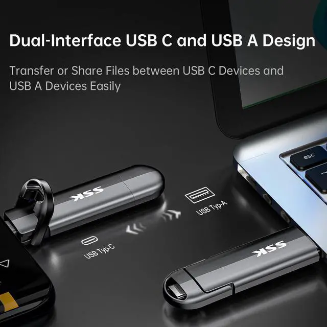 Alt view image 4 of 7 - SSK USB C Drive 1TB,Dual Flash Drive Speed up tp 550MB/s 2-in-1 Memory Stick Type C+USB A 3.2 Gen2 Portable External Solid State SSD Thumb Drive for iPhone 15/16/PS4/Android Phone/Tablet/Windows/Mac
