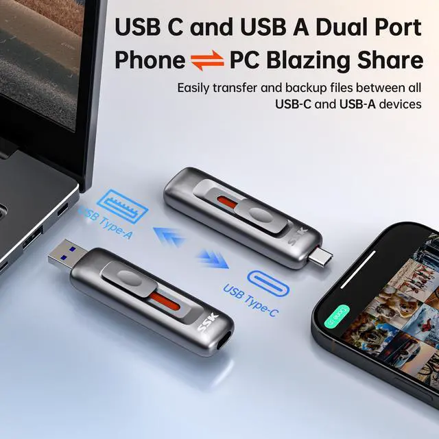 Alt view image 3 of 7 - SSK 256GB Flash Drive SSD External, Push-Pull USB Drive up to 1000MB/s Dual Head, Thumb Drive-USB SSD Memory Stick for iPhone 15/16/17, Android, Tablet, Win& Mac Zinc Alloy