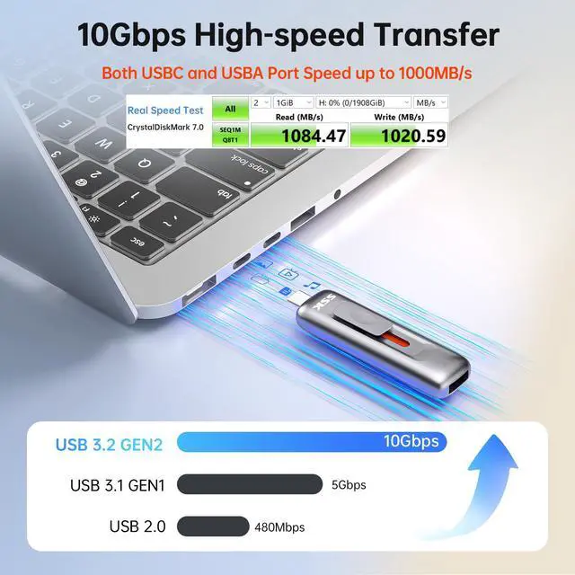 Alt view image 4 of 7 - SSK 256GB Flash Drive SSD External, Push-Pull USB Drive up to 1000MB/s Dual Head, Thumb Drive-USB SSD Memory Stick for iPhone 15/16/17, Android, Tablet, Win& Mac Zinc Alloy