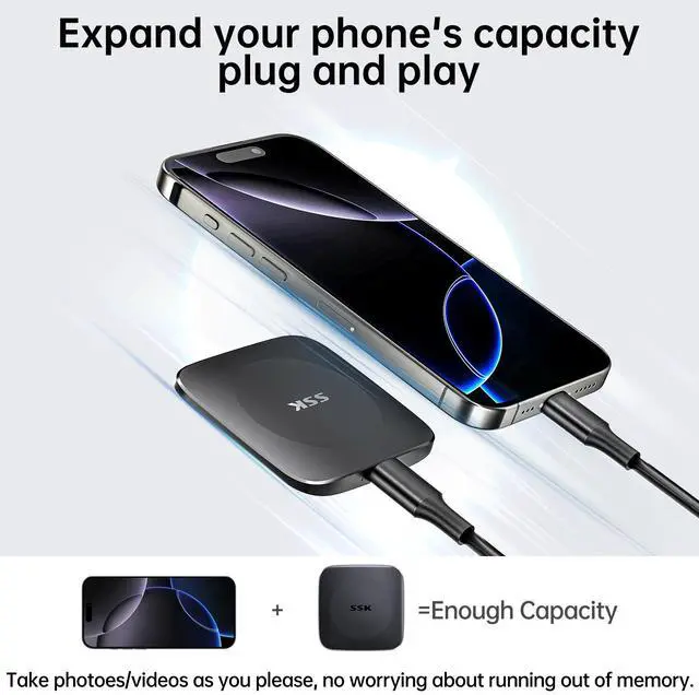 Alt view image 4 of 6 - SSK External SSD 2TB,Portable Drive 2TB up to 550MB/s 2tb SSD Hard Drive Type C+USB A Fast External Solid State Drives USB 3.2 GEN2 External Storage for iPhone 15/Android/Windows/Mac/Xbox