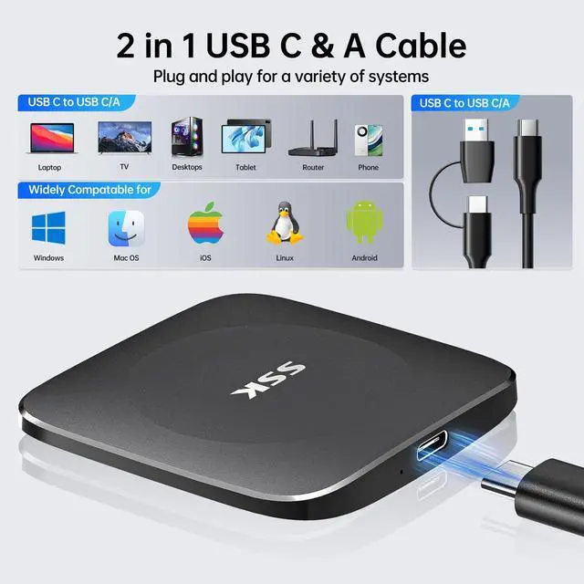 Alt view image 5 of 6 - SSK External SSD 2TB,Portable Drive 2TB up to 550MB/s 2tb SSD Hard Drive Type C+USB A Fast External Solid State Drives USB 3.2 GEN2 External Storage for iPhone 15/Android/Windows/Mac/Xbox