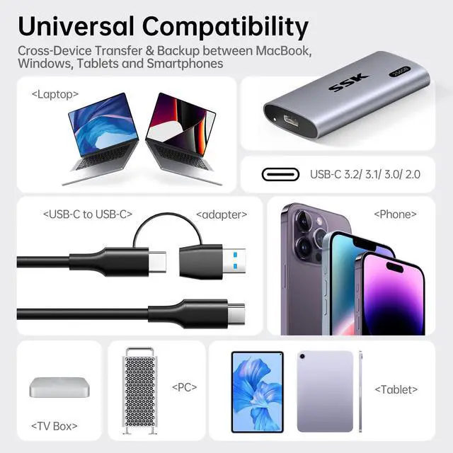 Alt view image 6 of 7 - SSK 256GB SSD External Hard Drive, Portable SSD Up to 550MB/s Fast Solid State Drives, External Drive USB 3.2 Gen2 for iPhone 15/Pro, Windows, Mac, Android with LED Light, Trim, Smart Supported