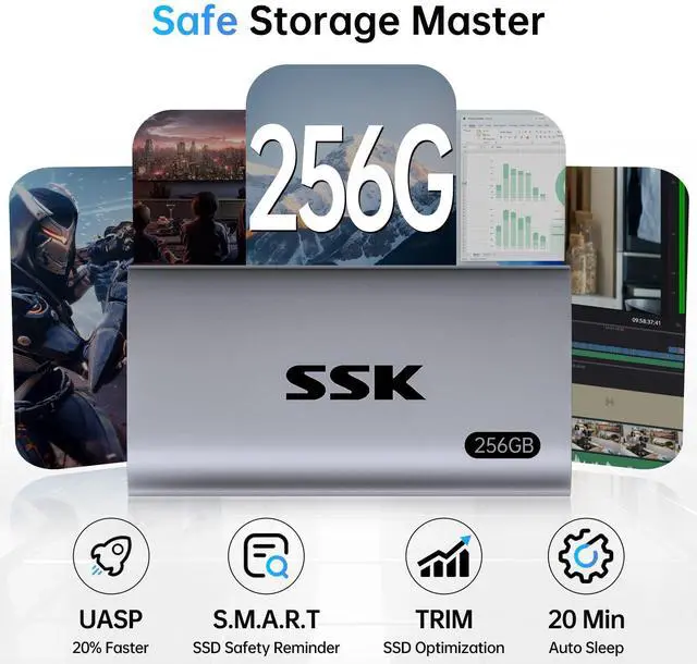 Alt view image 4 of 7 - SSK 256GB SSD External Hard Drive, Portable SSD Up to 550MB/s Fast Solid State Drives, External Drive USB 3.2 Gen2 for iPhone 15/Pro, Windows, Mac, Android with LED Light, Trim, Smart Supported