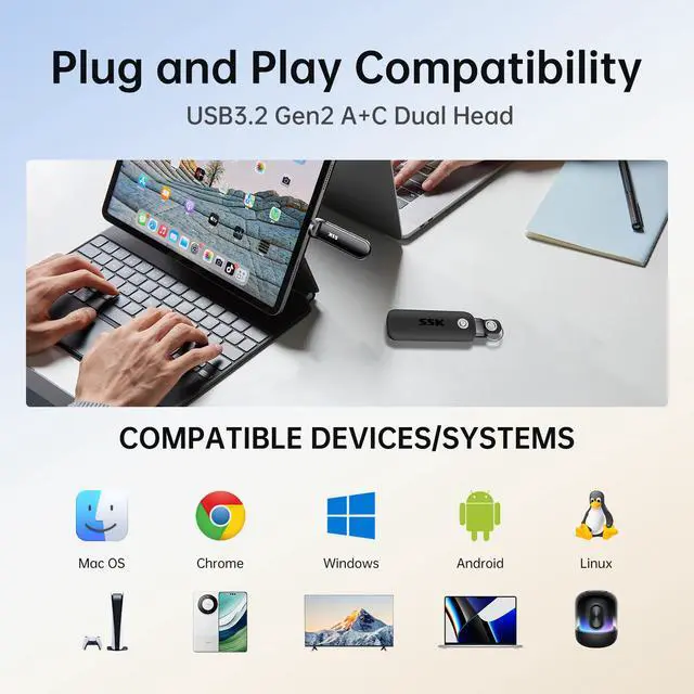 Alt view image 6 of 7 - SSK 256GB External SSD up to 1000MB/s, USB 3.2 Gen 2 Dual Flash Drive, Portable Solid State Drive with Type-C & USB-A Memory Stick for iPhone 15/16/17 Series, Android, Windows, Mac