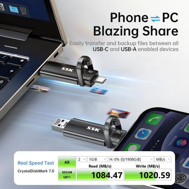 Alt view image 3 of 7 - SSK 256GB External SSD up to 1000MB/s, USB 3.2 Gen 2 Dual Flash Drive, Portable Solid State Drive with Type-C & USB-A Memory Stick for iPhone 15/16/17 Series, Android, Windows, Mac