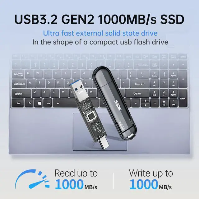 Alt view image 2 of 7 - SSK 256GB External SSD up to 1000MB/s, USB 3.2 Gen 2 Dual Flash Drive, Portable Solid State Drive with Type-C & USB-A Memory Stick for iPhone 15/16/17 Series, Android, Windows, Mac