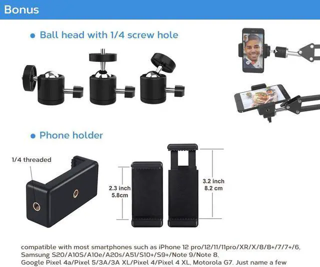 Alt view image 5 of 6 - LenTok Overhead Tripod Mount for Camera Webcam Ring Light, Flexible Over Head Arm for iPhone with Phone Holder and Ball Head, Table Stand Accessory for Phone Video Recording Live Stream