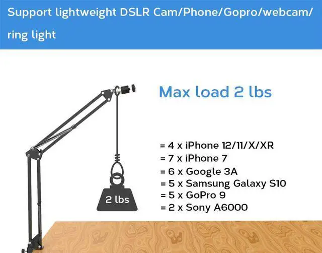 Alt view image 3 of 6 - LenTok Overhead Tripod Mount for Camera Webcam Ring Light, Flexible Over Head Arm for iPhone with Phone Holder and Ball Head, Table Stand Accessory for Phone Video Recording Live Stream