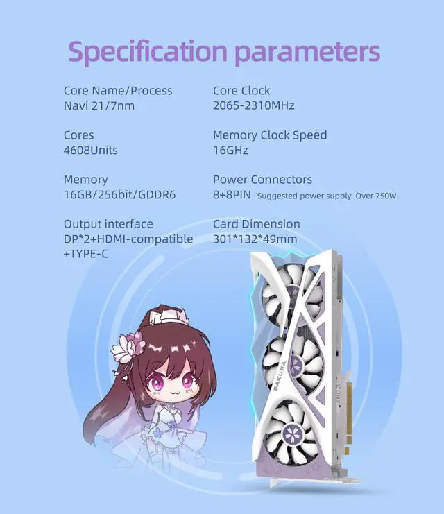 Alt view image 5 of 7 - Yeston Radeon RX 6800 XT 16GB D6 GDDR6 256bit 7nm video cards Desktop computer PC Video Graphics Cards support PCI-Express 4.0 2*DP+1*HDMI-compatible +1*Type c  RGB light effect Fragrant graphics card