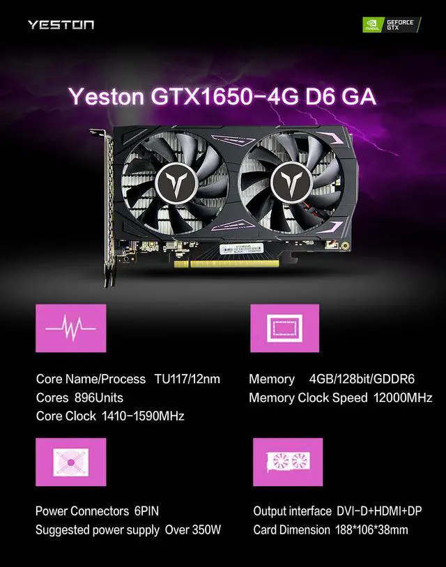 Alt view image 7 of 7 - Yeston GeForce GTX 1650  4GB GDDR6 Graphics cards Nvidia pci express x16 3.0 video cards DirectX 12 Desktop computer PC video gaming graphics card