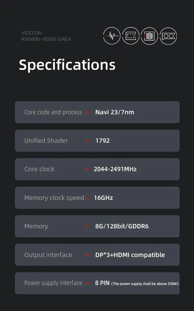 Alt view image 7 of 7 - Yeston Radeon RX 6600 8GB D6 GDDR6 128bit 7nm Desktop computer PC Video Graphics Cards support PCI-Express 4.0 video cards 3*DP+1*HDMI-compatible  graphics card