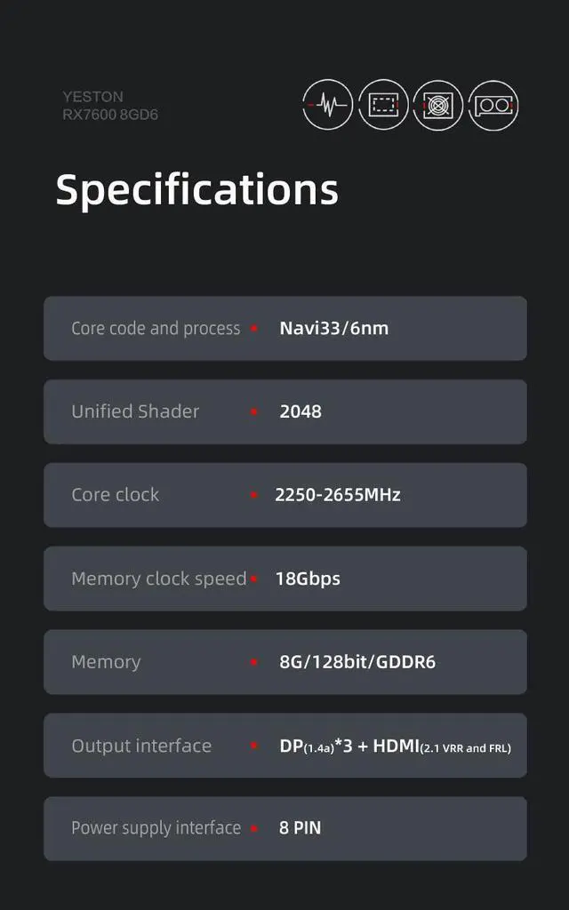 Alt view image 6 of 6 - Yeston Radeon RX 7600 8GD6 GDDR6 128bit video cards Desktop computer PC Video Graphics Cards support PCI-Express 4.0 3*DP+1*HDMI-compatible  graphics card 8GB Double Fans