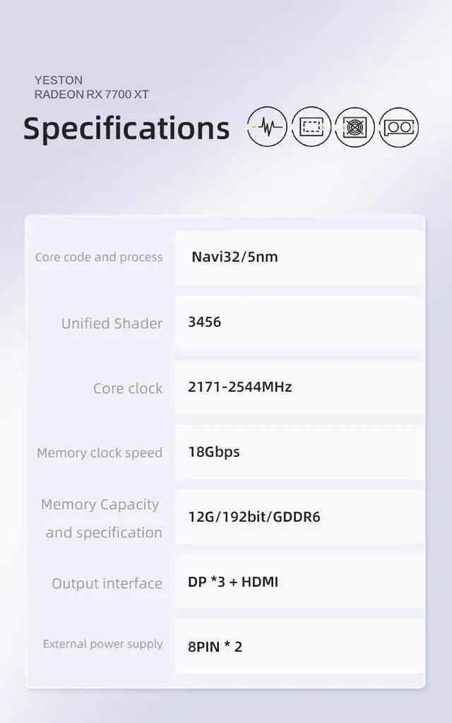 Alt view image 7 of 7 - Yeston Radeon RX 7700 XT 12G GDDR6 video cards Desktop computer PC Video Graphics Cards support PCI-Express 4.0 3*DP+1*HDMI-compatible white graphics card