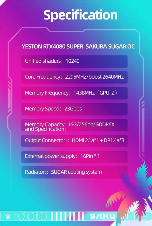 Alt view image 6 of 6 - Yeston Sakura Sugar GeForce RTX4080 Super 16GB GDDR6X PCI Express 4.0 Video Card HDMI 2.1*1 + DP1.4a*3 video cards Desktop computer PC video gaming graphics card