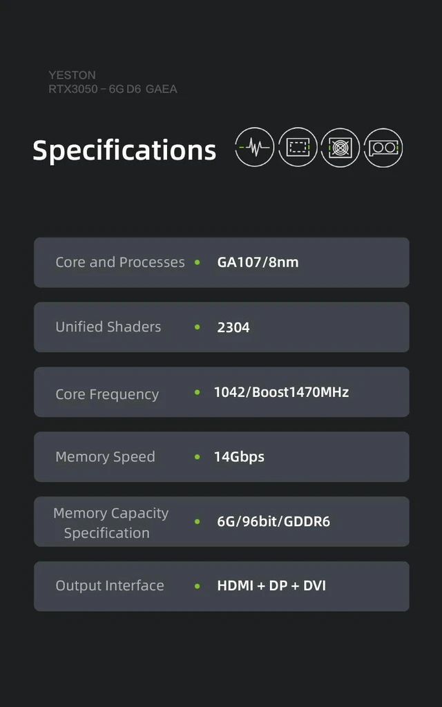 Alt view image 7 of 7 - Yeston GeForce RTX 3050 6GB GDDR6 Graphics cards pci express 3.0 video cards Desktop computer PC video gaming graphics card RTX3050 - 6GD6 GA